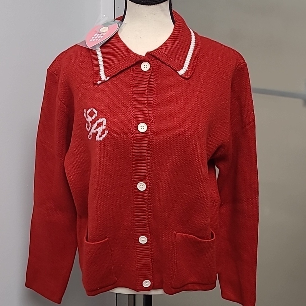 My Favorite Sasakids Size M Red and White Knit Button Up Sweater